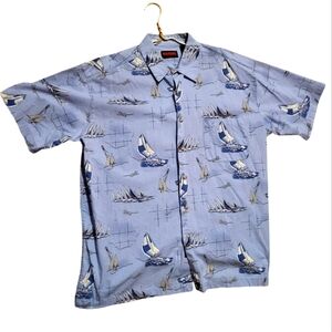 Wolverine Men's Blue Sail Boat Hawaiian‎ Button Down 100% Cotton Shirt Sz XL
